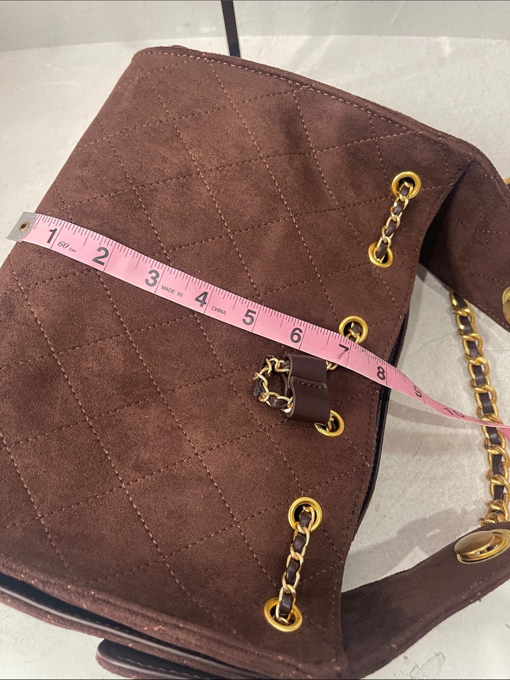 Quilted Drawstring Suede Shoulder Bag - Brown - Picture 6 of 7